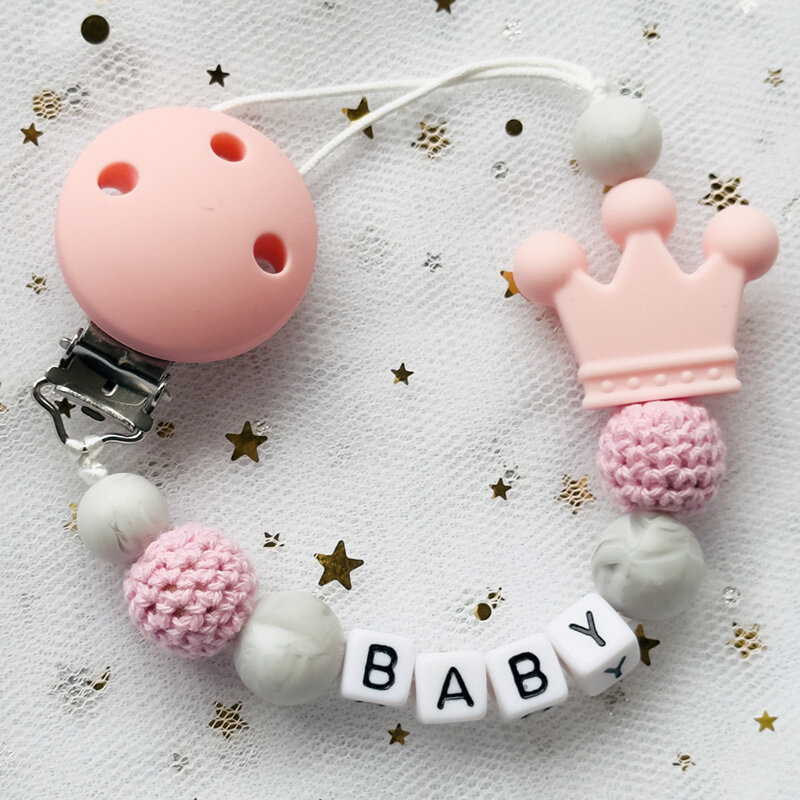 NEW Custom Personalized Name Pacifier Clip Handmade Beech Wooden Chain Silicone Crown Holder Soother Baby Teething Toy Chew Gift