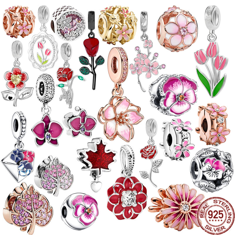 925 Sterling Silver Charm Beads para Mulheres, Rosa Rosa Rosa, Esmalte Flores, Maple Leaf, Fits Original Pulseira Pandora, Fashion Jewelry Gift, Hot