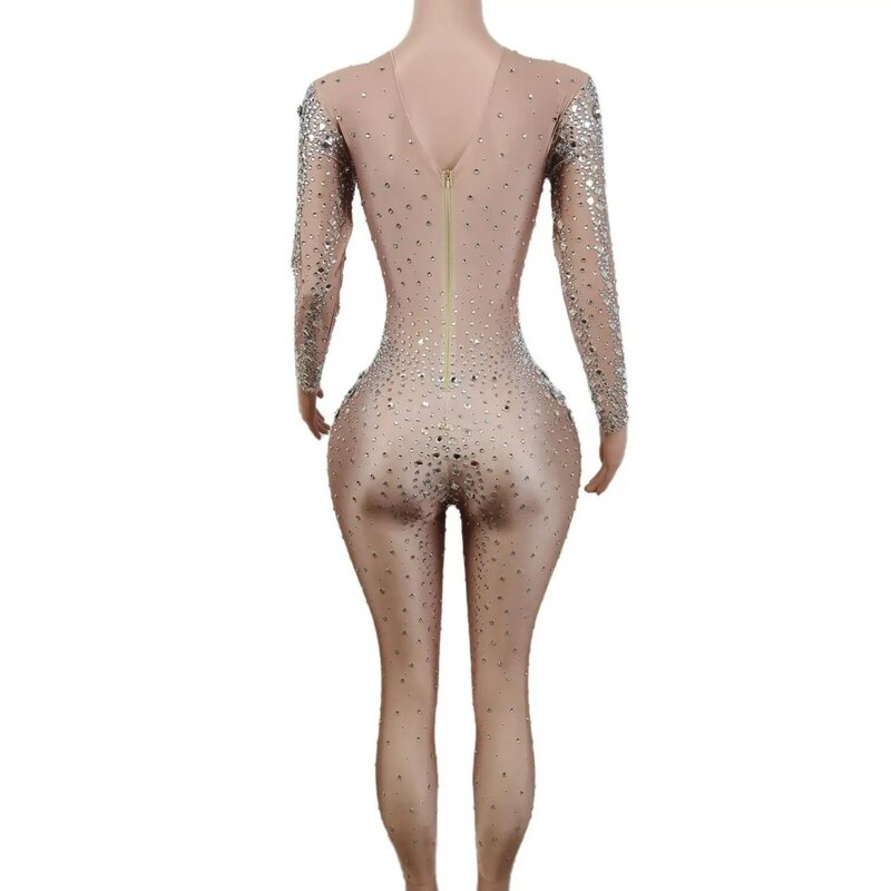 Women Tight Fitting Rhinestone Long Sleeve Jumpsuits Pole Dancing Stage Outfits Nude Spandex Female Fashion Leotard