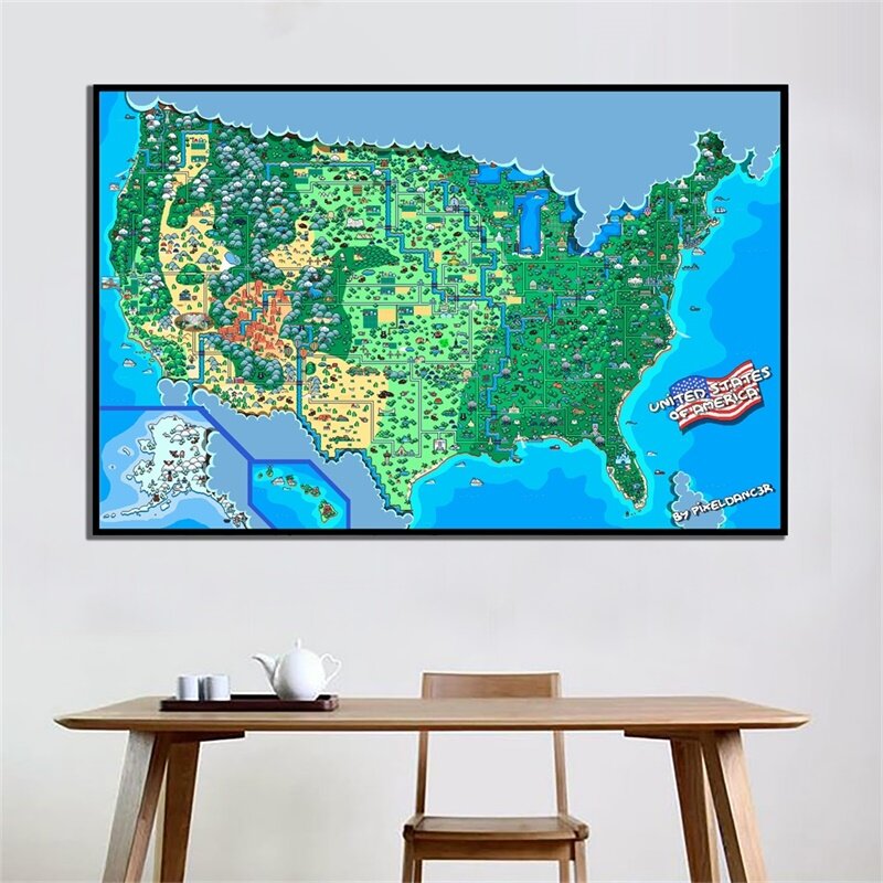 Peta Amerika Serikat 90*60Cm Poster Tanpa Bingkai Dinding Dekoratif Cetak Non-anyaman Kanvas Lukisan Dekorasi Rumah Perlengkapan Kantor