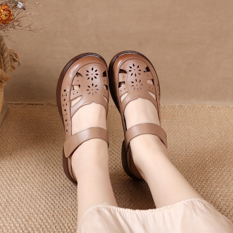 Sandales en cuir véritable découpées pour femmes, chaussures d'été à lanières, talons bas, large, orthopédique, confortable, jolie