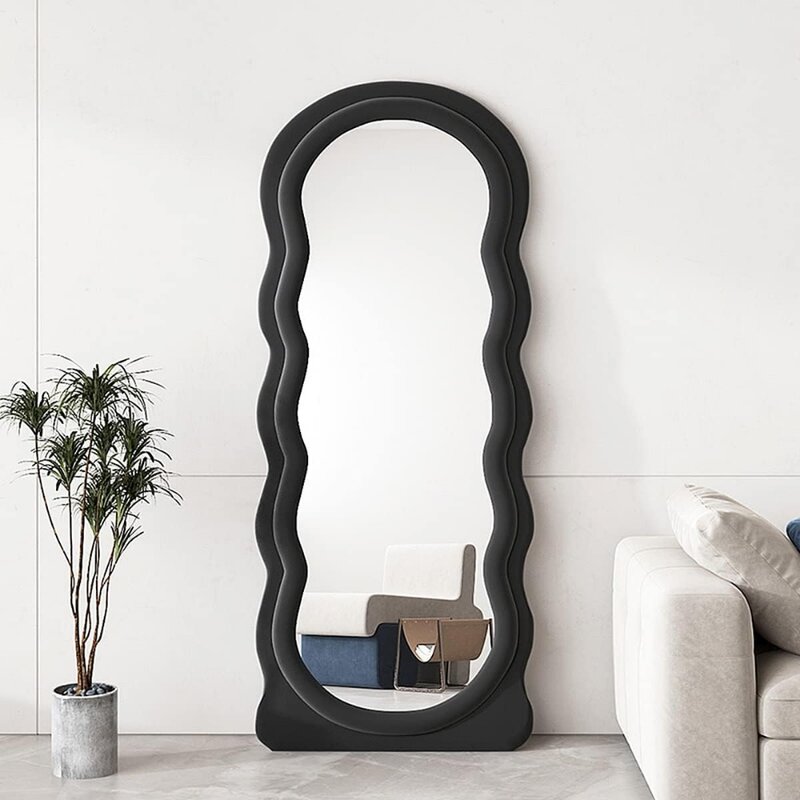 Напольное зеркало с волнистыми стендами, полноразмерное зеркало с несимметричными стенками 63x24 дюйма, черное автономное зеркало с большой стенкой