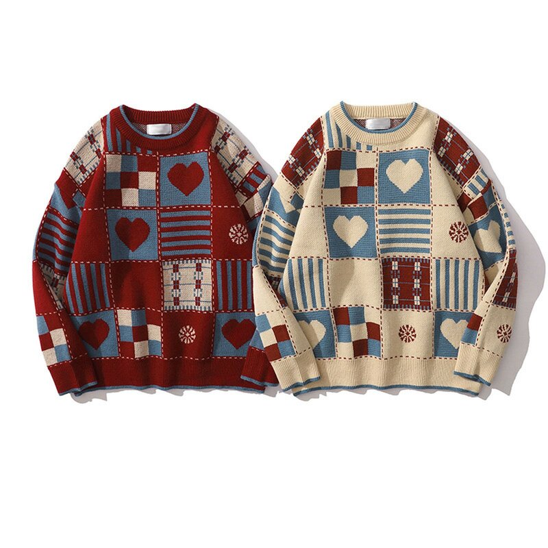 아메리칸 귀여운 하트 크리스마스 긴팔 스웨터, 커플 스웨터, Y2k 스트리트, 가을, 겨울 패션, 느슨한 풀오버