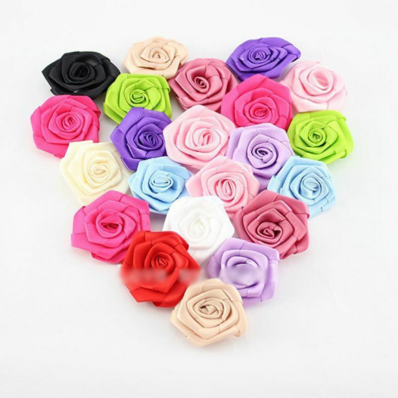50 sztuk/partia 1.9 "12 kolorów Mini satyna wstążkowa róża kwiatów dla dziewcząt akcesoria do włosów sztuczne tkanina w kwiaty dla dzieci opaski