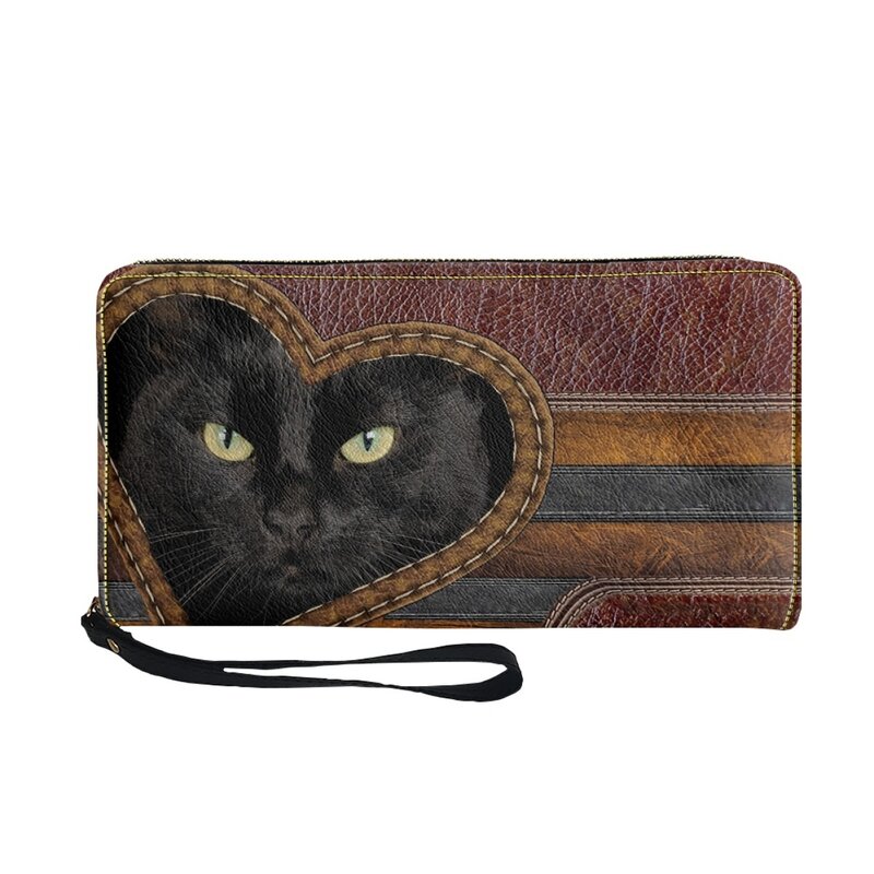 검은 고양이 동물 디자인 맞춤형 여성용 지갑, 지퍼 달린 긴 여행 지갑, 캐주얼 다기능 카드홀더