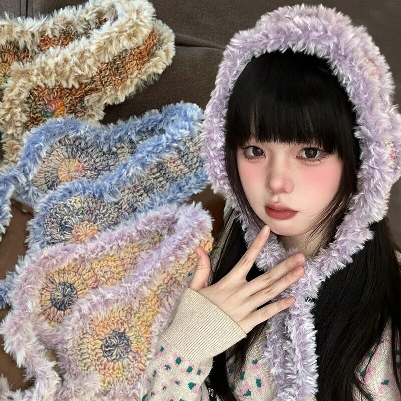 Y2K Gradual Change Color Knitted Earmuffs for Women Autumn and Winter Korean Retro Plush Warm Versatile Cute Strap Beanies