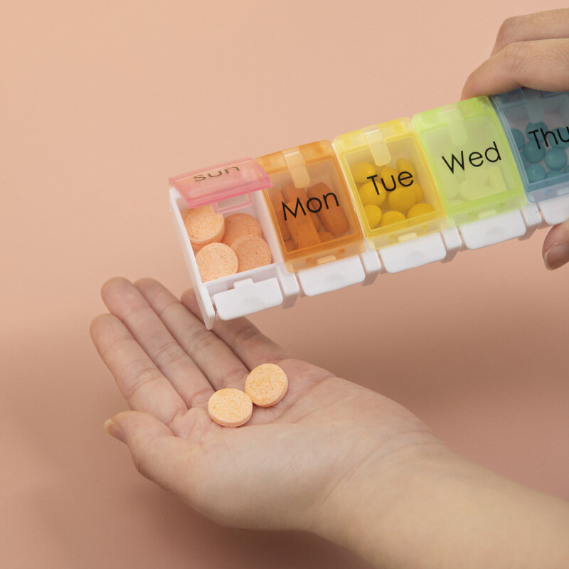 7 hari kotak pil mingguan wadah penyimpanan Tablet warna-warni untuk obat tombol wadah obat terbuka kotak pil Mini
