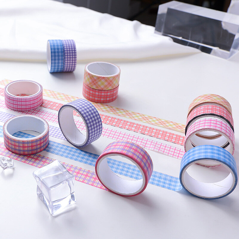 Cinta adhesiva de cuadros de colores Kawaii, cinta adhesiva decorativa Washi, DIY, para álbum de recortes, etiqueta de diario, suministros de papelería