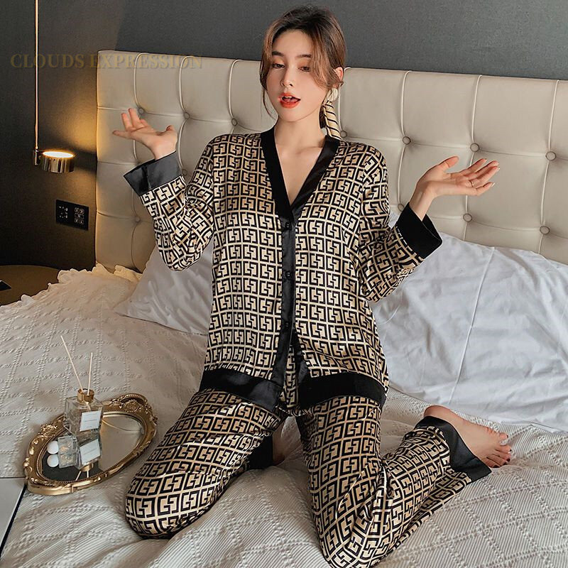 Xuân Hè Nữ Giả Lụa Polyester Pyjama Bộ Gợi Cảm Homewear Nữ Nam Cao Cấp Bộ Đồ Ngủ Mỏng Bộ Đồ Ngủ Nữ Bộ Đồ Ngủ