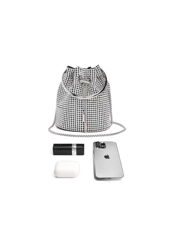 Blingbling luxo strass bolsa feminina nova moda cheia de diamante corrente balde saco cilindro para festa de negócios