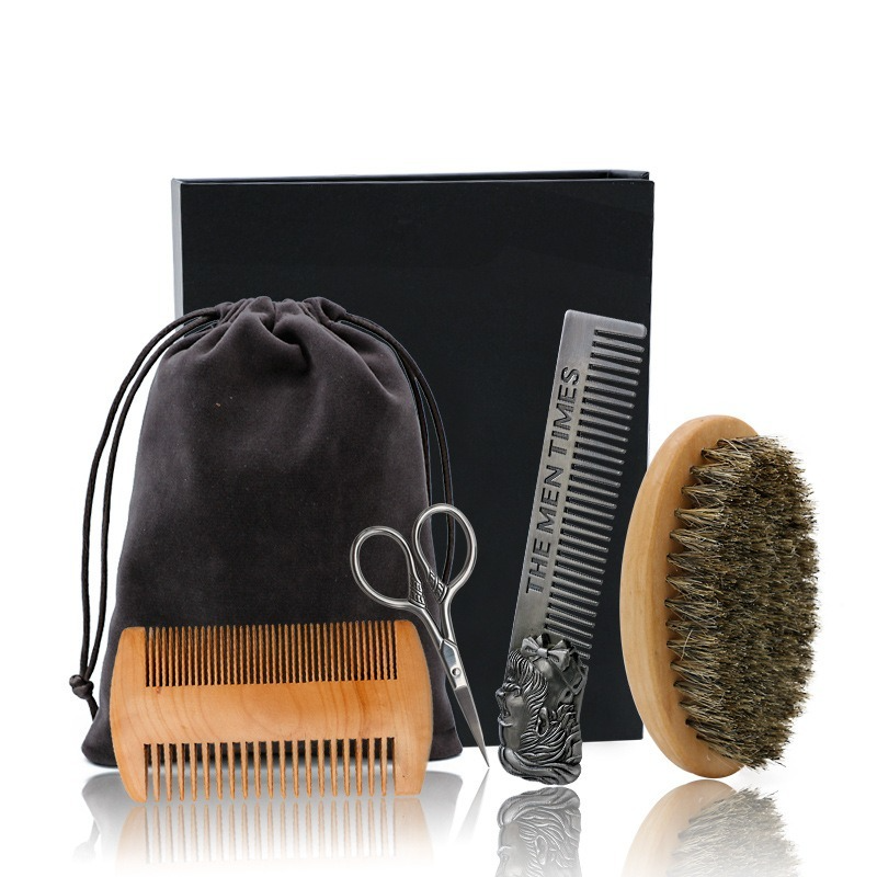 Conjunto de escova de barba dupla face estilo pente scissor reparação modelagem kit de cuidados de limpeza para homens kit de barba de madeira com saco
