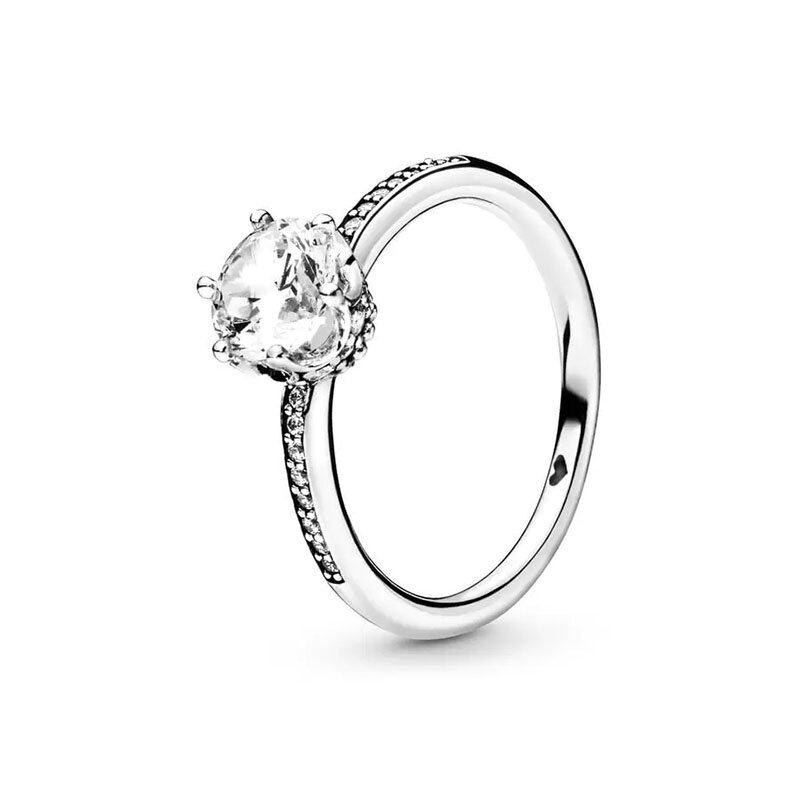 Cincin perak 925 berkilau baru, cincin soliter mahkota cincin hati ganda untuk wanita cincin pertunangan perhiasan hadiah Hari Jadi