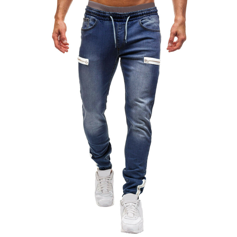 Calça jeans casual masculina com bolso com zíper, calça jeans cor pura, slim fit, cordão, elástico na cintura, calça streetwear, moda