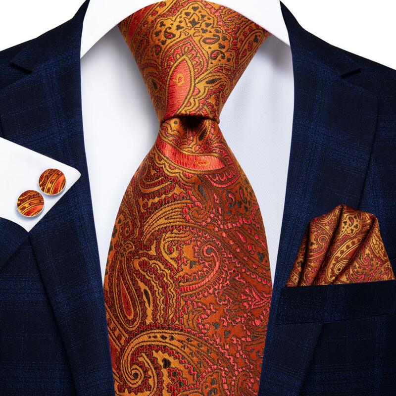 Hi-Tie Designer Elegant Mens Ties Gentlemen Orange Paisley Luxury Brand Ties For Men 2023 New Business Necktie Handky Cufflinks