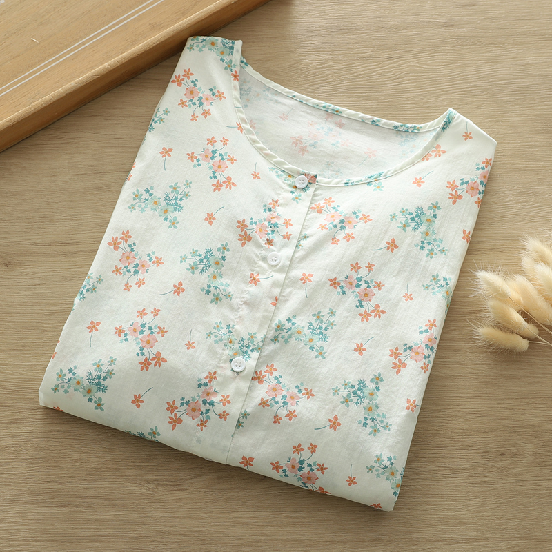 Blusa feminina de fios de algodão, camisas florais estilo japonês, estampa chique, tops altos respiráveis, roupas de verão, 2020