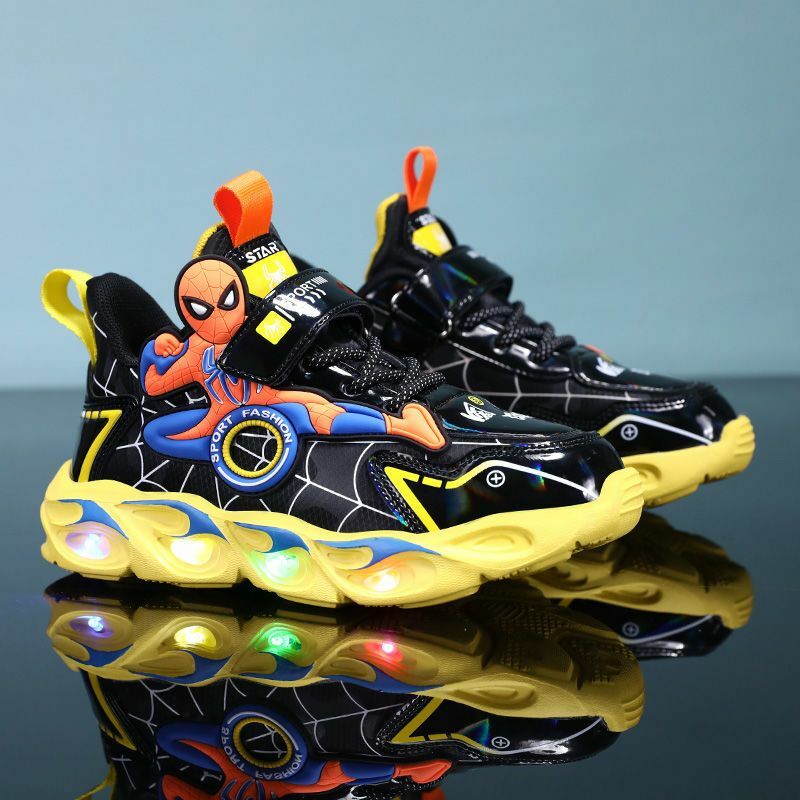 Disney Sepatu Anak Laki-laki Lampu LED Kartun Musim Gugur Sepatu Olahraga Anak-anak Kulit Antiselip Sepatu Lari Sneakers Ukuran 25-35
