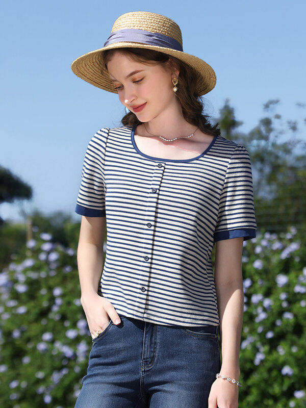 I BELIEVE YOU T-shirts For Women 2024 Summer Striped Large Round Neck Short Slim New Knit Casual Retro Tops Fashion 2242015546
