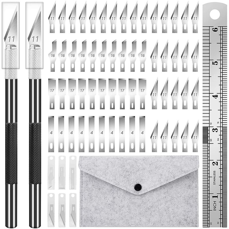 Pisau Exacto kerajinan presisi 64 buah Set pisau hobi dengan pisau, penggaris, Set pisau kerajinan untuk ukiran karya seni DIY