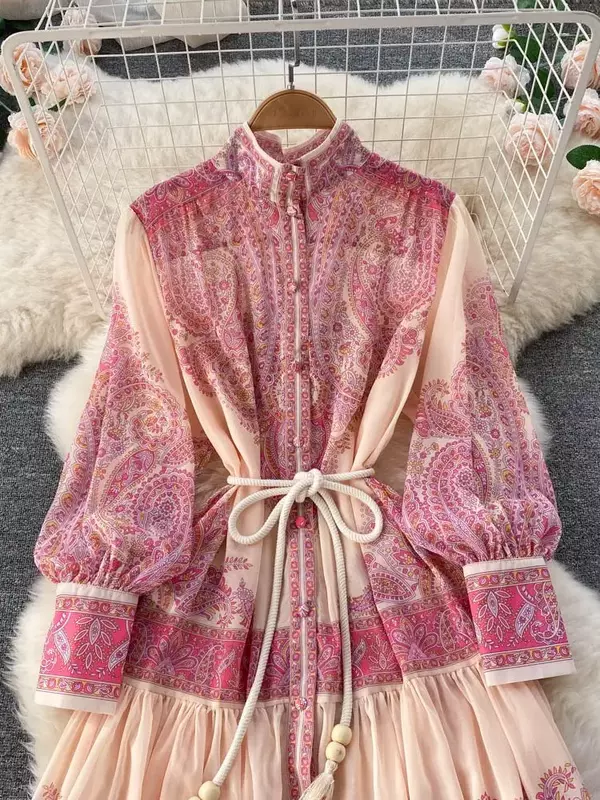 Maxi vestido rosa para mujer, ropa de cuello alto, manga larga de linterna, estampado de flores Retro, cinturón suelto de gasa, Otoño, vacaciones