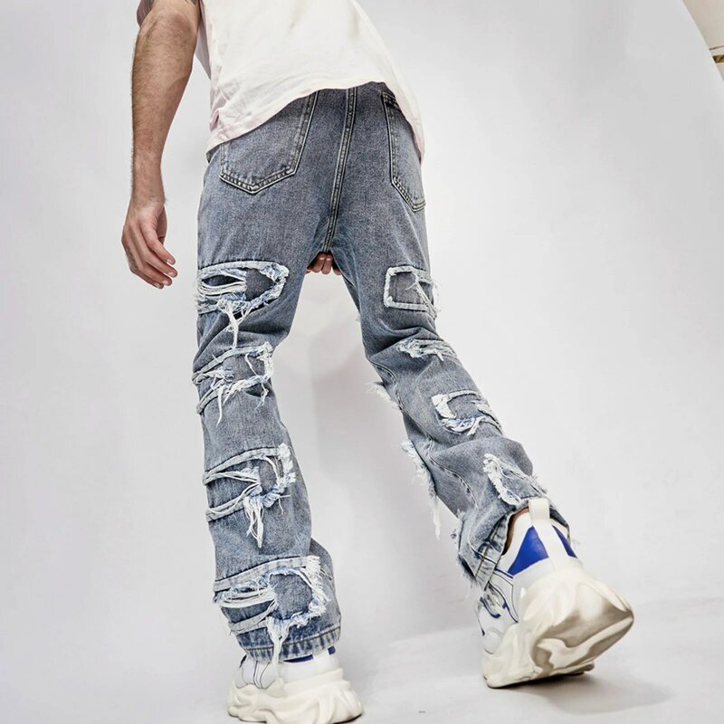 Men Ripped Washed Jeans Trousers 2023 New Stylish Hip hop Streetwear Male Solid Retro Distressed Holes Straight Denim Pants
