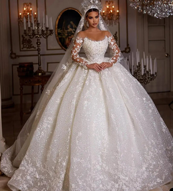 Свадебные платья принцессы, винтажные кружевные бальные платья с бисером, свадебные блестящие тюлевые Элегантные Роскошные свадебные платья с длинными рукавами 2024