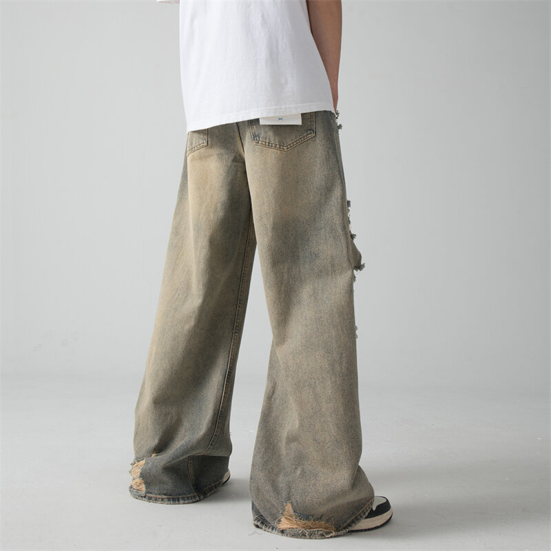جينز مغسول في الشوارع الأمريكية ، ساق مستقيمة فضفاضة ، جينز ممسحة أرضية ممزق ، قديم الصنع