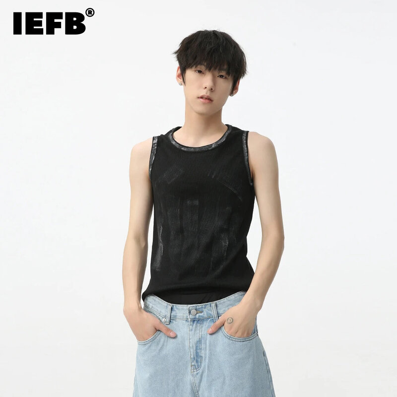 IEFB Męska koszulka bez rękawów z okrągłym dekoltem w jednolitym kolorze Trend w modzie Luźna kamizelka męska 2024 Summer New Niche Design 9C5623