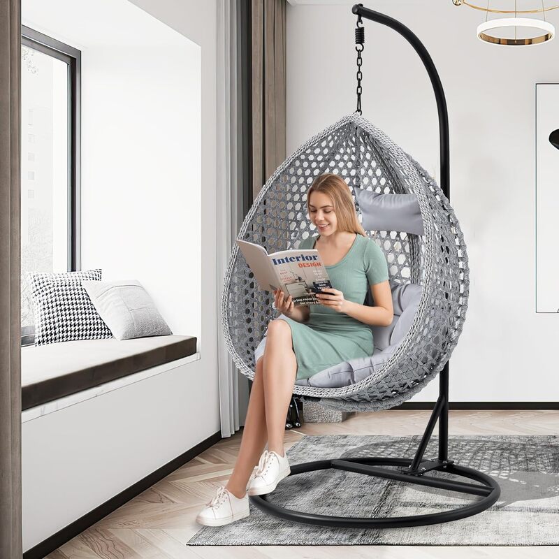 Chaise pivotante en forme d'œuf avec support, fauteuil avec coussins et oreiller, panier de salon, intérieur et extérieur, porche
