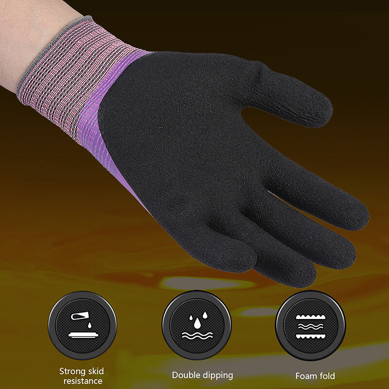 Guantes de jardinería de protección a prueba de frío al aire libre, guantes de látex impermeables completamente recubiertos, guantes de trabajo de nailon púrpura