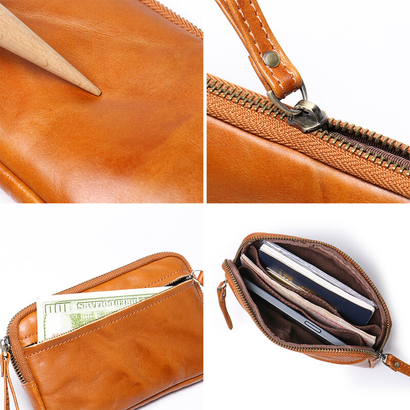 Vintage Leather Zipper Wallet, Cowhide Coin Purse Large Capacity Card Pouch, Storage Bag Key Pouch, Small Clutch Bag