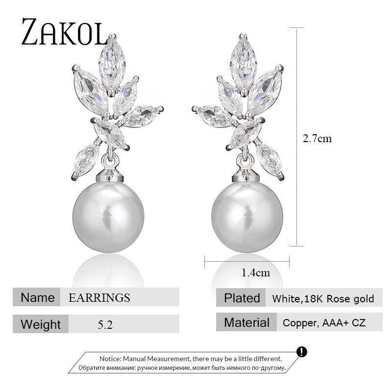 ZAKOL Korea Klassische Imitation Perlen Tropfen Ohrringe für Frauen Mode Zirkonia Blatt Baumeln Ohrring Braut Hochzeit Schmuck