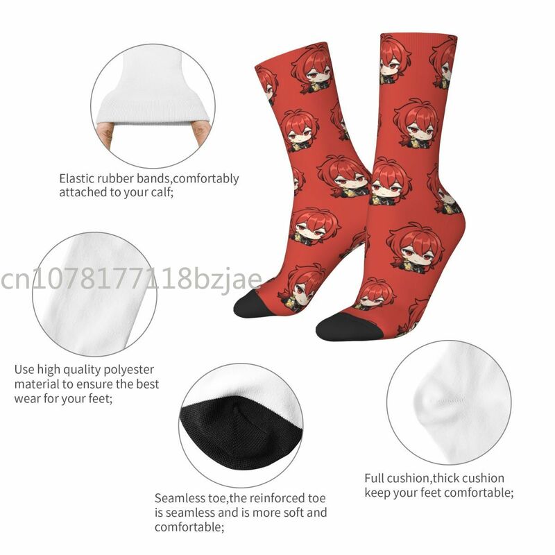 Coole Genshin Impact Thema gemütliche Socken Produkt alle Jahreszeiten niedlichen Chibi Diluc bequeme lange Socken Schweiß absorbierend