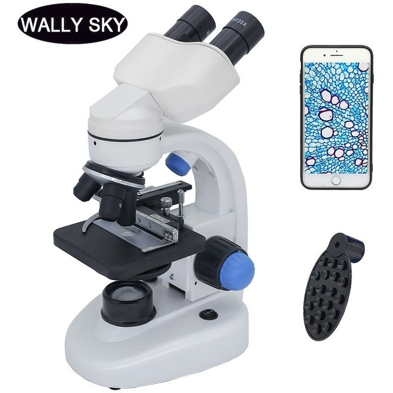 2000X 쌍안 현미경 LED 조명 생물 현미경, 교육용 학생 과학 실험 스마트폰 클립 포함