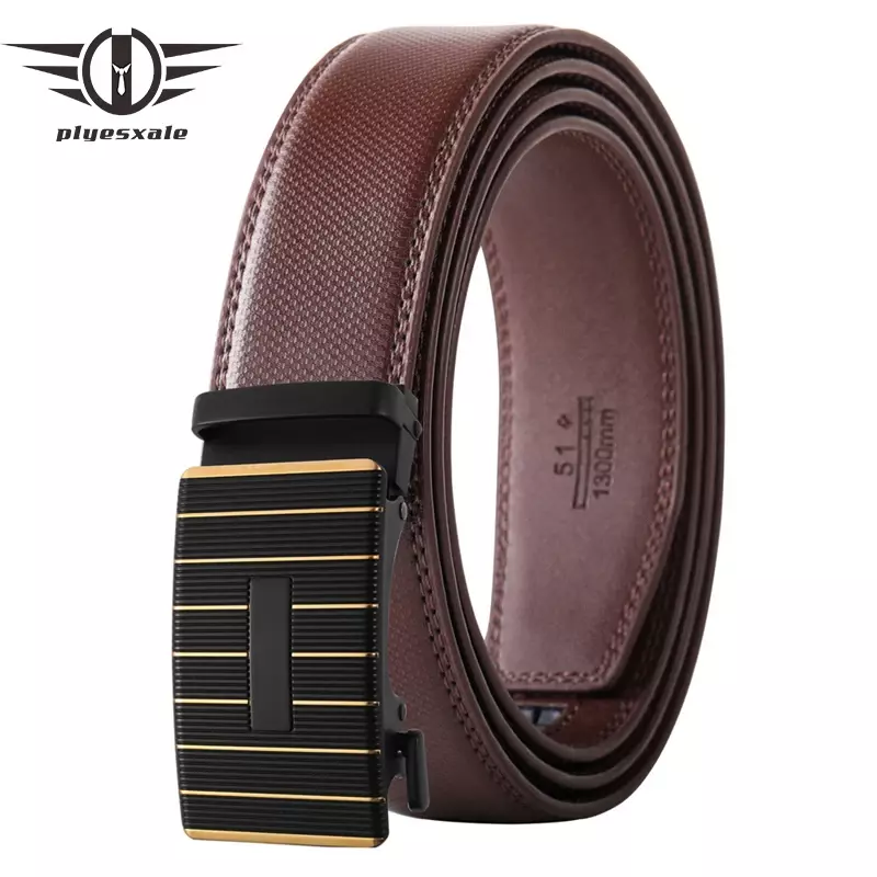 Plyesxale New Ratchet Belt For Men Cowskin Genuine Leather Luxury High Quality Automatic Buckle Trouser Belt Black White B688