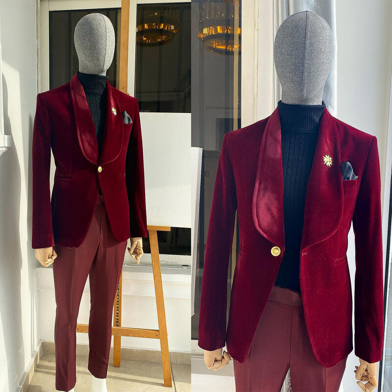 Burgundowe luksusowe męskie garnitury ślubne szal klapy smokingi dla mężczyzn 2 szt. Biznes wieczorowy na imprezę bal na zamówienie kurtka ze spodniami