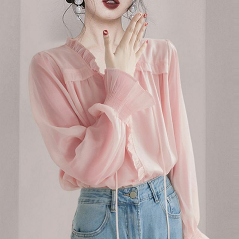 Frühling Herbst neue Mode elegante V-Ausschnitt Flare Ärmel Bluse einfarbig locker lässig vielseitig Pendler Kleidung Frauen Shirt