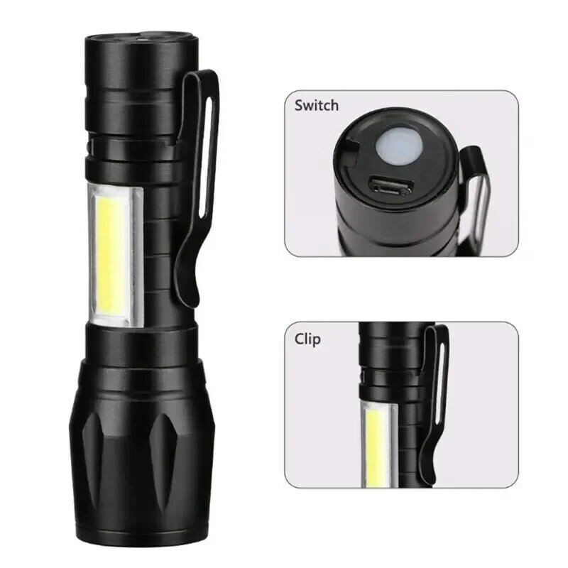 Portable LED+COB Flashlight MINI Fishing Torch Zoomable Focus Light Rechargeable Tactical Lamp Camping/Hiking Emergency Lantern