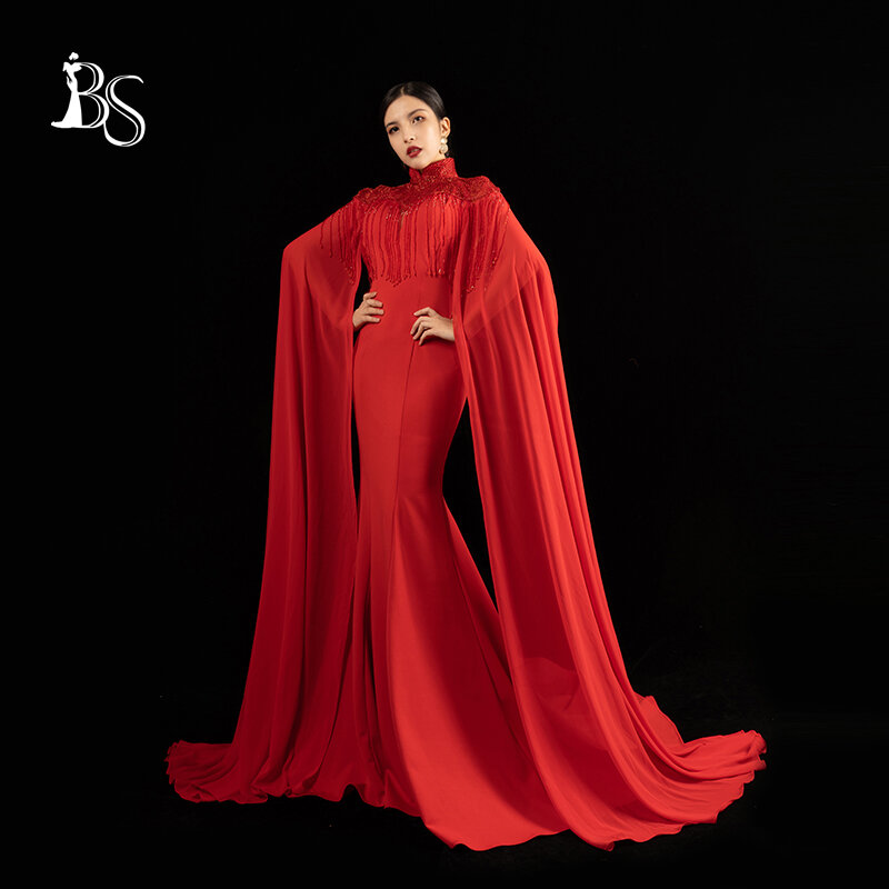 Gaun malam pesta pernikahan rok panjang wanita, gaun malam merah jubah dapat dilepas Set dua potong pakaian penampilan elegan 915-1 #