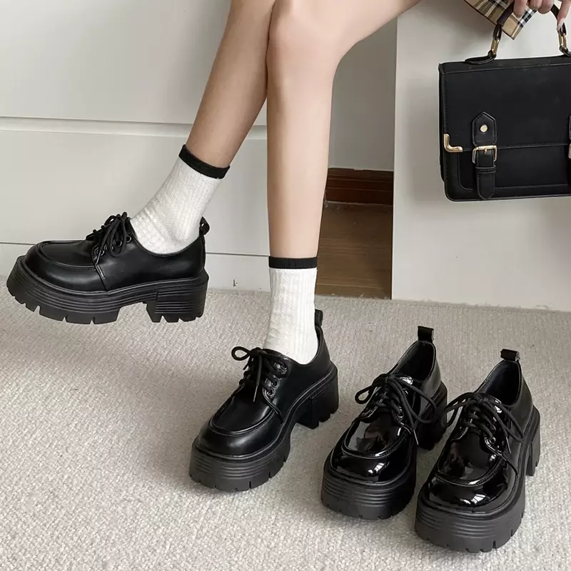 Patent Leather Platform Loafers Women 2024 Preppy Style Lace Up Oxford Shoes Woman Black Thick Bottom Y2K Shoes Female