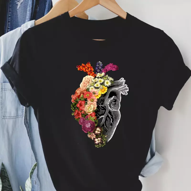 Women's Cottonn T Shirt Round Neck Printed Harajuku Style Short Sleeved Feamle Cartoon Cat Pattern Casual Fashion Simple T-Shirt