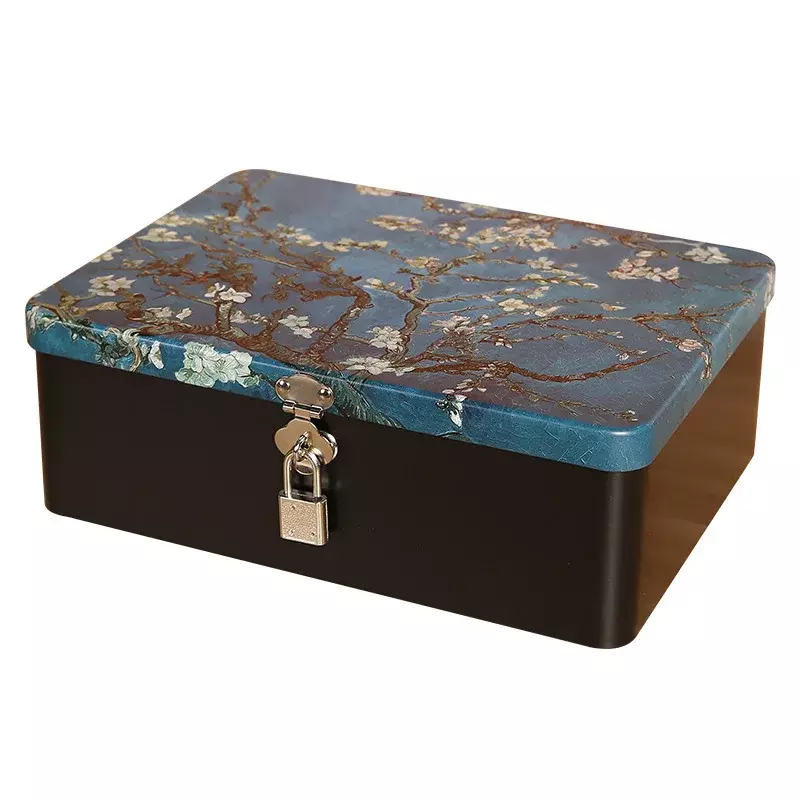 Vintage Tinplate Box with Lock Key Desktop Storage Box Cosmetics Documents Storage Household Jewelry Empty Box