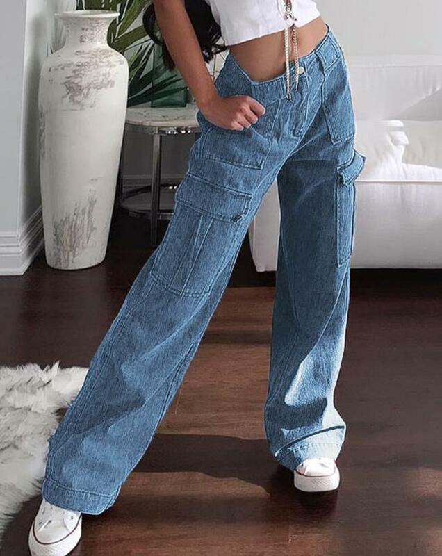 Calça jeans longa feminina, calça cargueira reta, jeans de cintura alta, design de bolso de botão, tendência da moda street, 2023