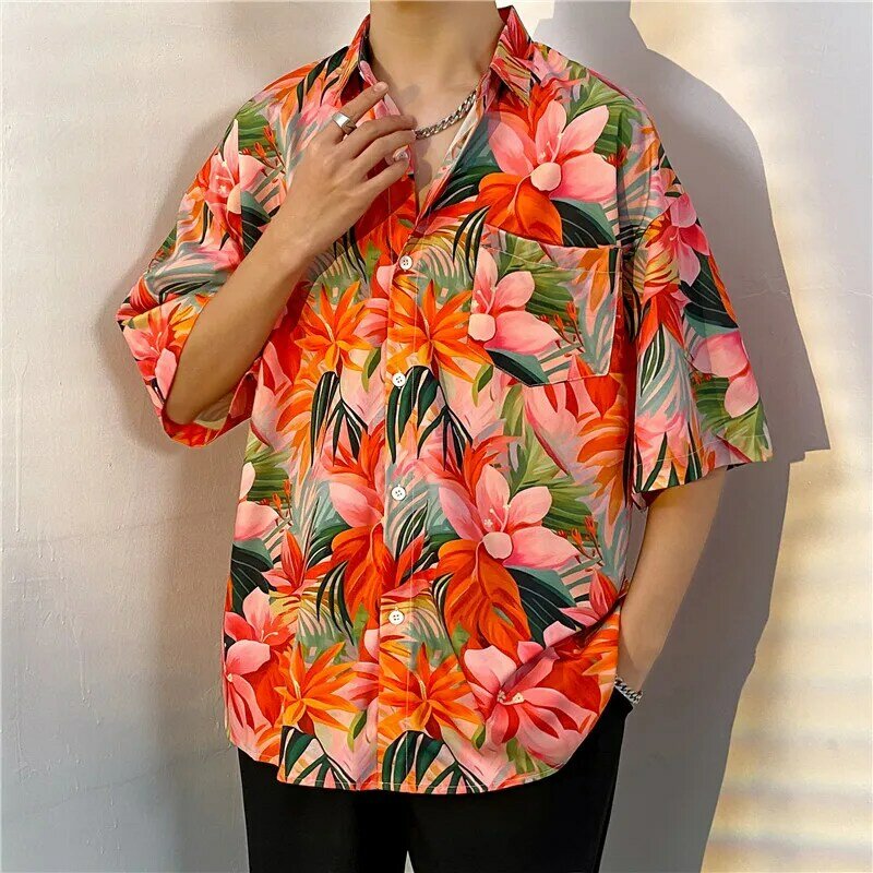 Męski letni Retro hawajski kwiatowy koszulka z krótkim rękawkiem w stylu Casual, dostojna Top luźny koszula z nadrukiem plażowy z półrękawem