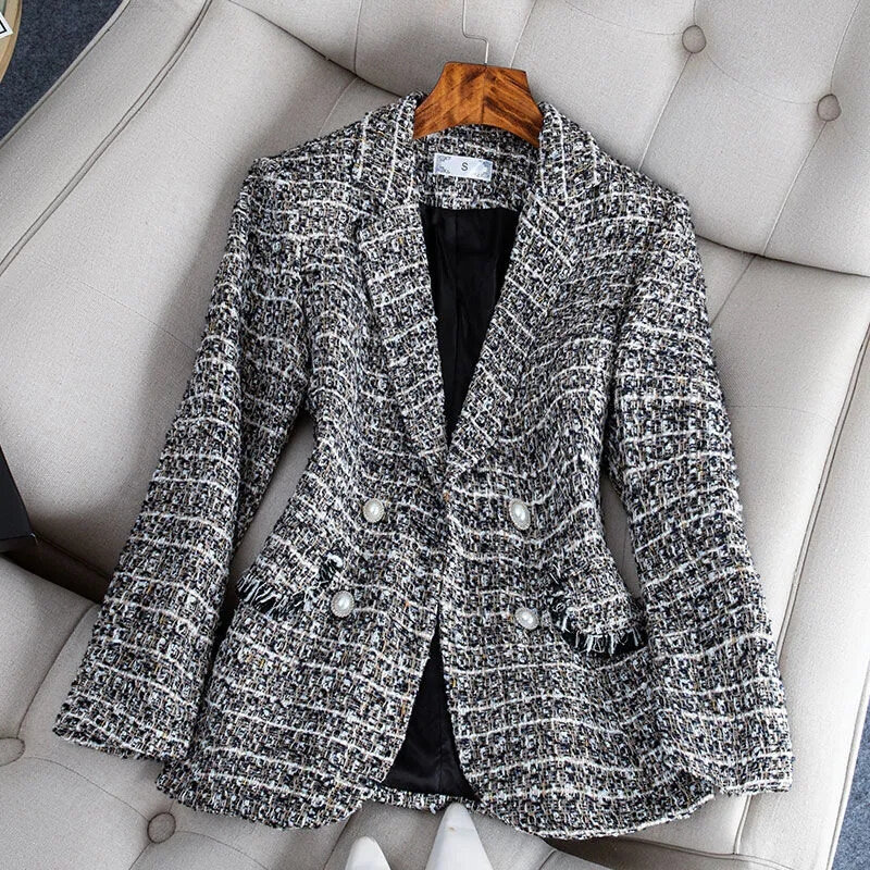 2023 Spring Autumn Women Jacket Double-Breasted Lattice Tweed Woolen Coats Female Casual Thick Blazers Outerwear Ladies Suit 3XL