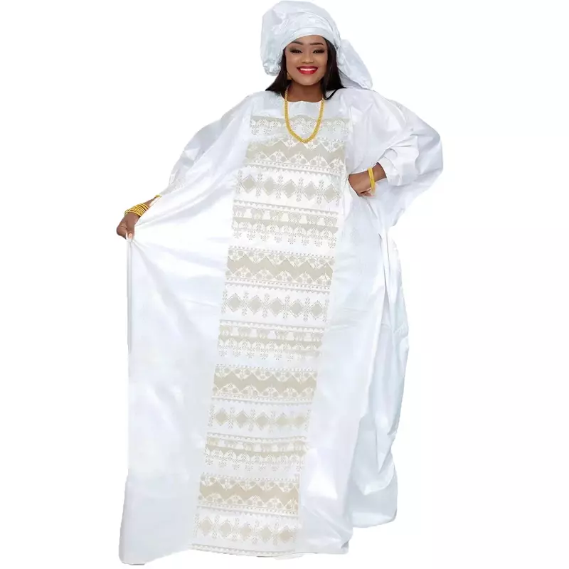 African Dresses For Couples Traditional  Bazin Embroidery Dresses Floor Length Dress With Scarf Couple Design