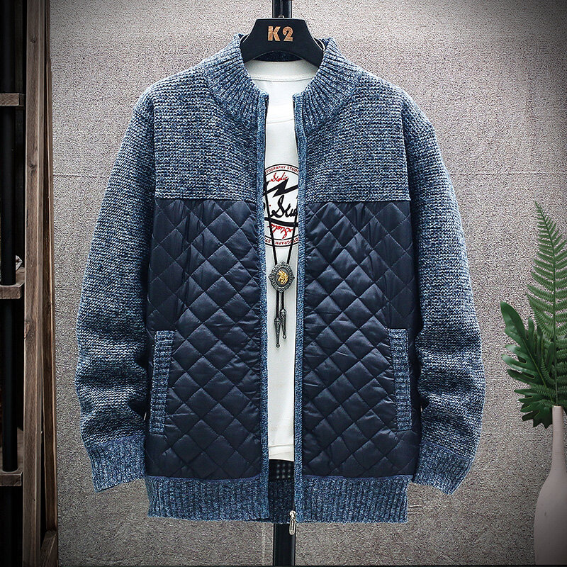 Cardigã de retalhos estilo coreano masculino, suéter casual com gola O, jaqueta tricotada com zíper, casaco masculino, outono, inverno, 8835