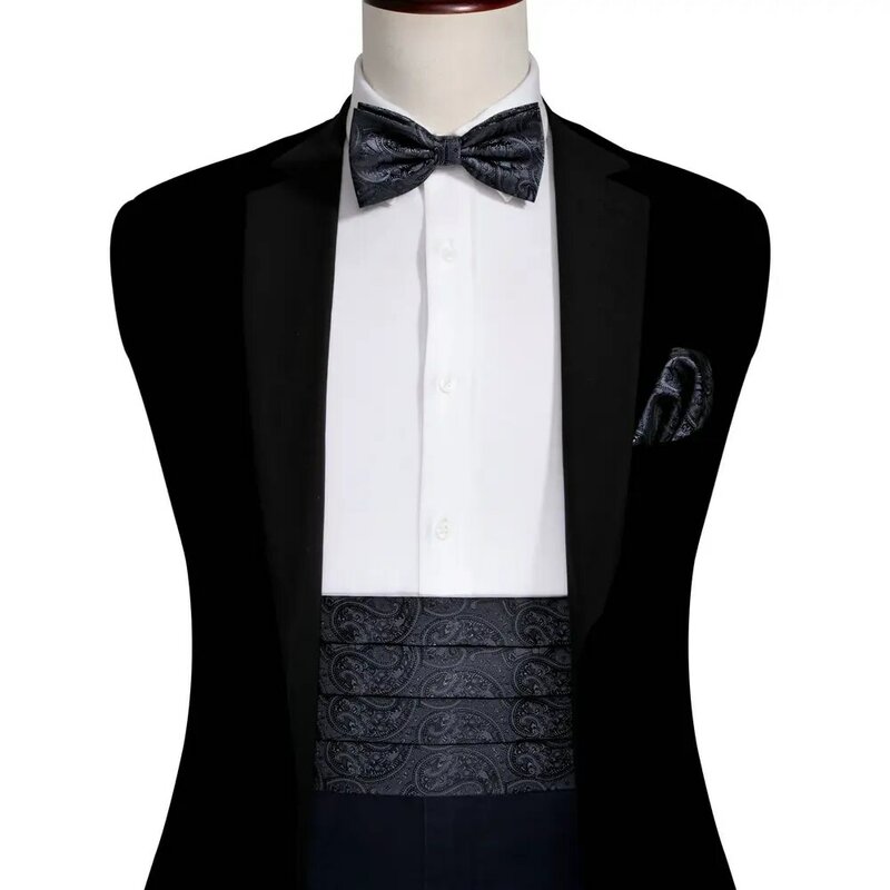 Classic Black Silk Cummerbund Set Luxury Designer Paisley Bowtie High Quality Handkerchief Cufflinks Business Party Barry.Wang