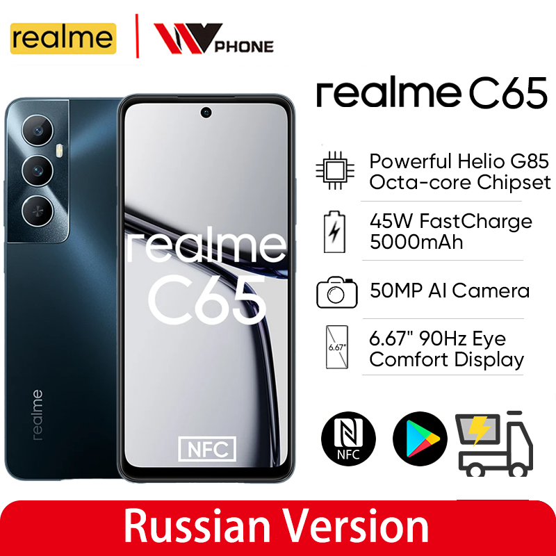 Realme-C65 Smartphone de Resistência à Água, Câmera 50MP, 6.67 ", Tela 90Hz, Carga 45W, Bateria 5000mAh, Helio G85, IP54, 128GB, 256GB, NFC