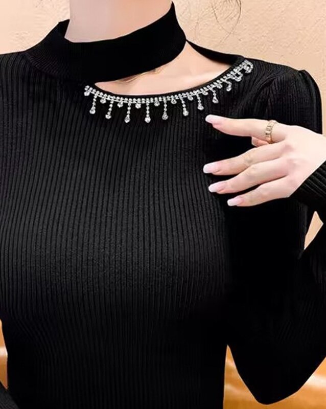 Women Winter Sweater Tops Rhinestone Tassel Design Asymmetrical Neck Cutout Knit Long Sleeve Slim Fit Sweater