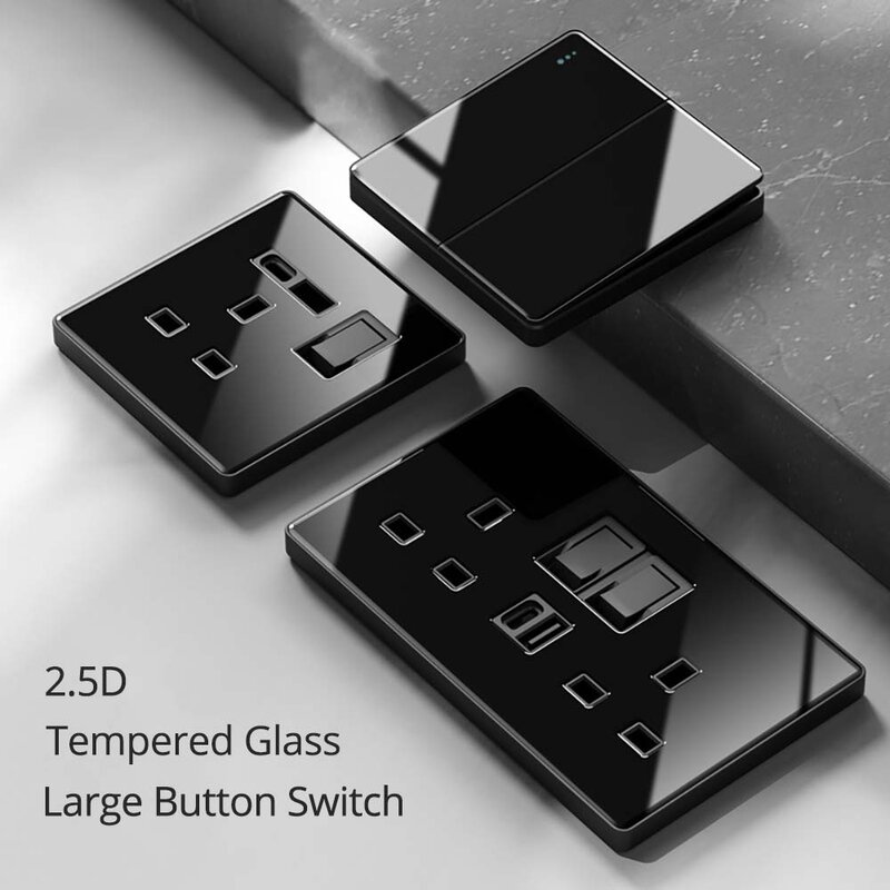 Wallpad-Interruptor de ventilador de atenuación, enchufe de vidrio negro EU UK MF con puerto de carga USB tipo C, 5V, 3.1A, 20a, 45a, 2P